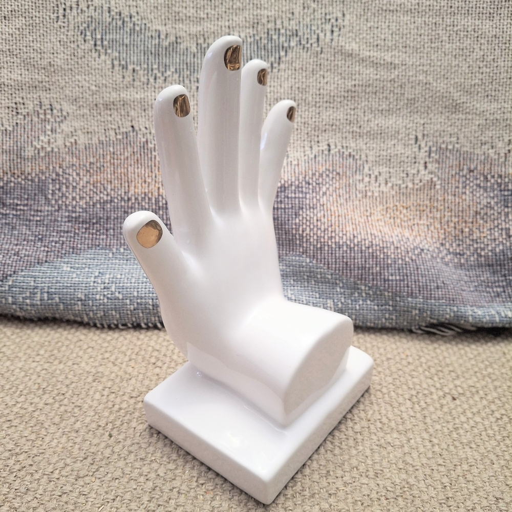White Ceramic Hand Mannequin Ring Holder Gold Nails Jewelry Display Decor